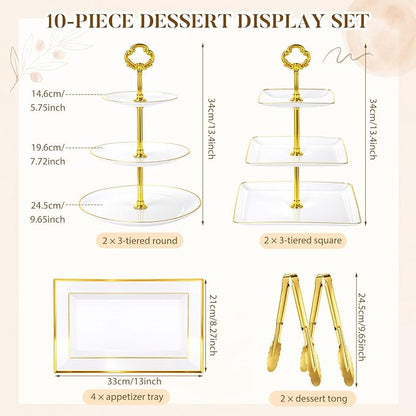 Willinglong 10 Pack Cake Stand Set Cake Stand with Gold Rim, 4 Three-tier Cupcake Stands, 4 Serving Trays, and 2 Tongs for Dessert Table Display, Elegant Plastic Pastry Tower for Weddings Showers