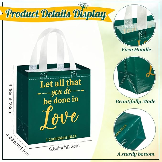 HunnmingRe 16 Pcs Christian Gift Bags Bulk, Easter Reusable Religious Bible Verse Tote with Handles Non Woven Scripture Pastor Blessing Gift for Baptism Church Wedding Favors