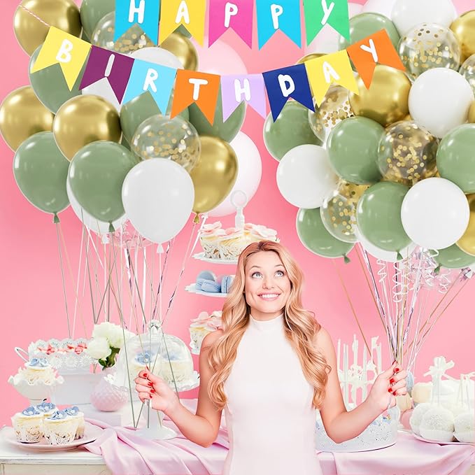 60pcs Sage Green & Metallic Gold Balloons - 12inch Olive Green White Metallic Gold Confetti Balloons for Boho Wedding, Baby Shower, Birthday Party Decoration