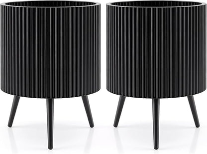 Giantex 16 inch Plant Pot with Stand Set of 2, Mid-Century Modern Fluted Planter with Built-in Drainage Holes, Metal Flower Pot with Tapered Legs for Living Room, Office, Porch, Garden