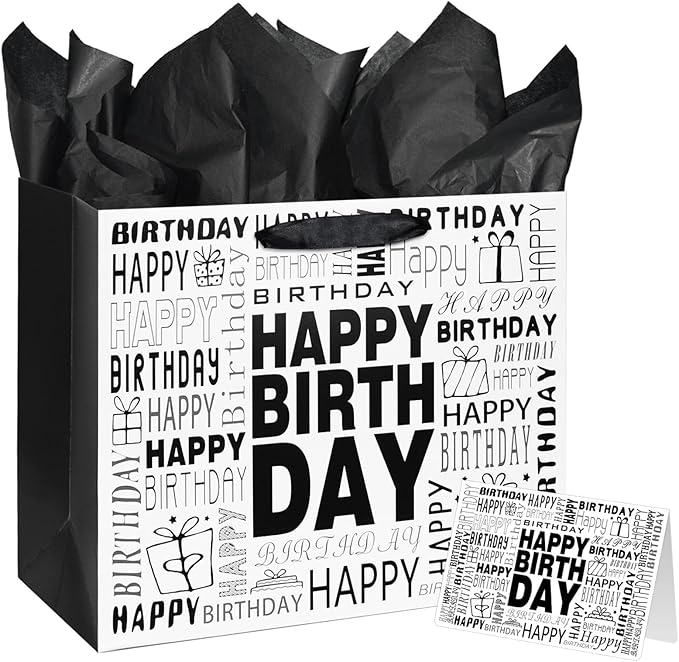 Laidans 13" Large Black and White Happy Birthday Gift Bag with Tissue Paper and Card for Men Women Birthday (Large)