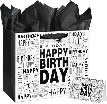 Laidans 13" Large Black and White Happy Birthday Gift Bag with Tissue Paper and Card for Men Women Birthday (Large)