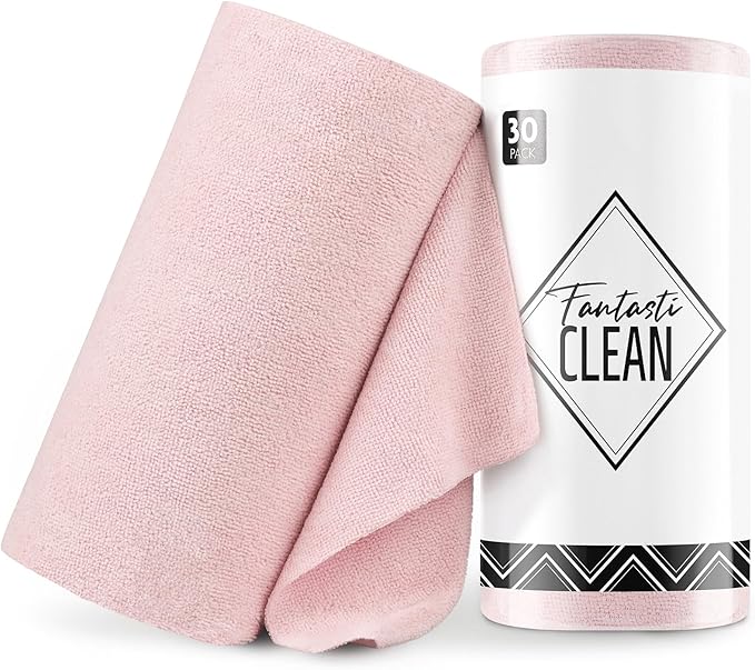 Fantasticlean Microfiber Cleaning Cloth Roll -30 Pack, Tear Away Microfiber Towels, 12" x 12", Reusable, Washable, Scratch Free, Ultra Absorbent Dishcloth for Car, Home Supplies, Pet, Kitchen (Pink)