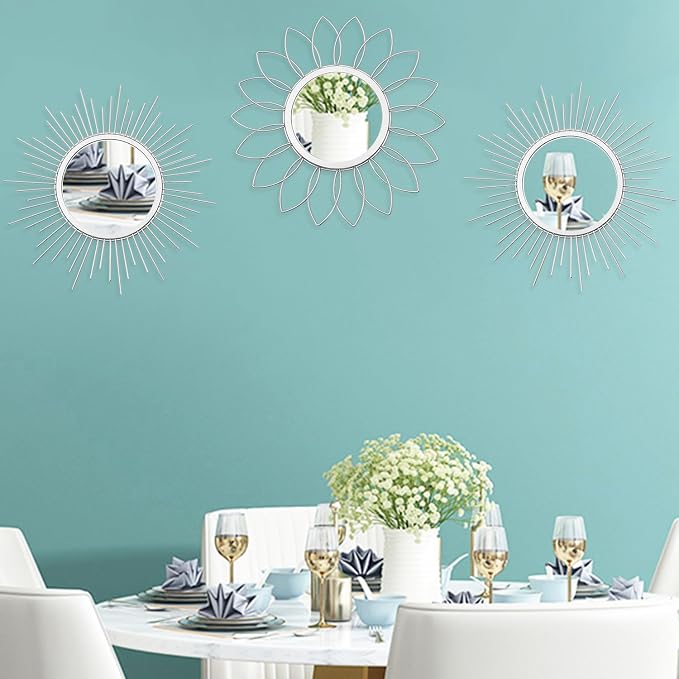 3 Pack Metal Mirrors for Wall Sunburst Wall Mirrors Home Décor Decorative Hanging Wall Art for Living Room Bedroom Entryway (Silver, Flower+Sunburst)