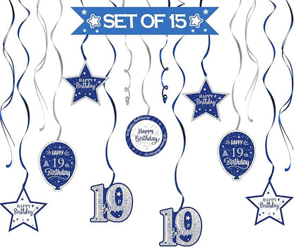 Happy 19th Birthday Blue & Silver Glitter Swirls Streamers Party Decorations - 15 Pcs 19th Birthday Hanging Swirls Streamers Kit,Cheers to Nineteen Years Old Bday Party Sign.