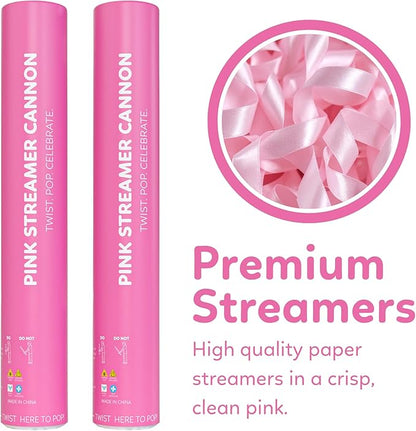 Pink Streamer Cannon Poppers | 2 Pack | Biodegradable Pink Streamers | TUR Party Supplies | Up to 25ft | Giant (12”) | Party Poppers for Graduation, Birthdays, and Bachelorette & Princess Parties