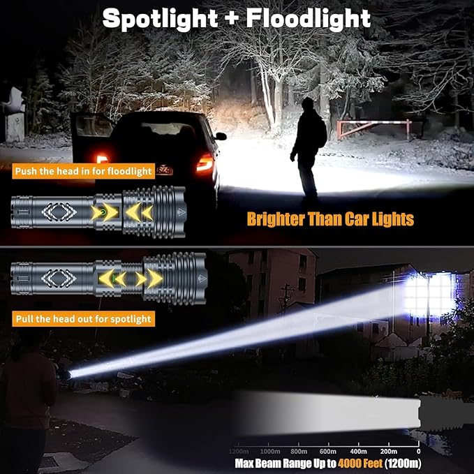 baibian [24H Long Life] High Power 155,000 Lumens Rechargeable Flashlights, Super Bright Tactical Flashlight with 1200m Ultra-Long Beam, XHP160.6 LED Light for Emergency, Camping, Gifting