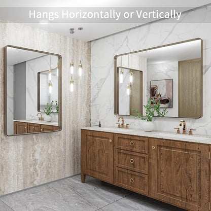 LOAAO 40”X32” Bronze Bathroom Mirrors for Vanity, Rounded Rectangle Brushed Bronze Metal Frame Mirror, Anti-Rust, Tempered Glass, Hangs Horizontally or Vertically