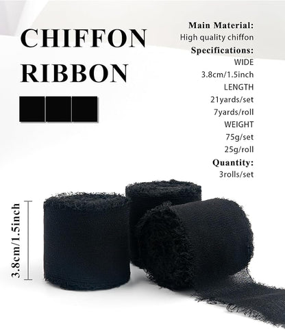 Black Chiffon Ribbon, Black Silk 1.5''x21Yd Handmade Frayed Fringe Ribbons for Wrapping, DIY Bows, Invitations, Bridal Bouquets, Crafts, Birthday, Wedding, Halloween, Party Decoration, 3 Rolls