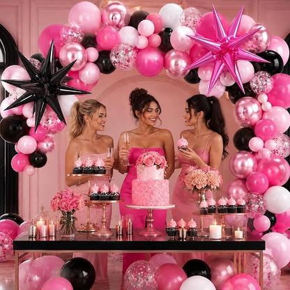 Pink and Black Balloons, 12 Inch Hot Pink and Black Party Decorations with Confetti Metalic Balloon Star Foil Balloons for Mouse Theme Birthday Wedding Bridal Shower Party Decoration