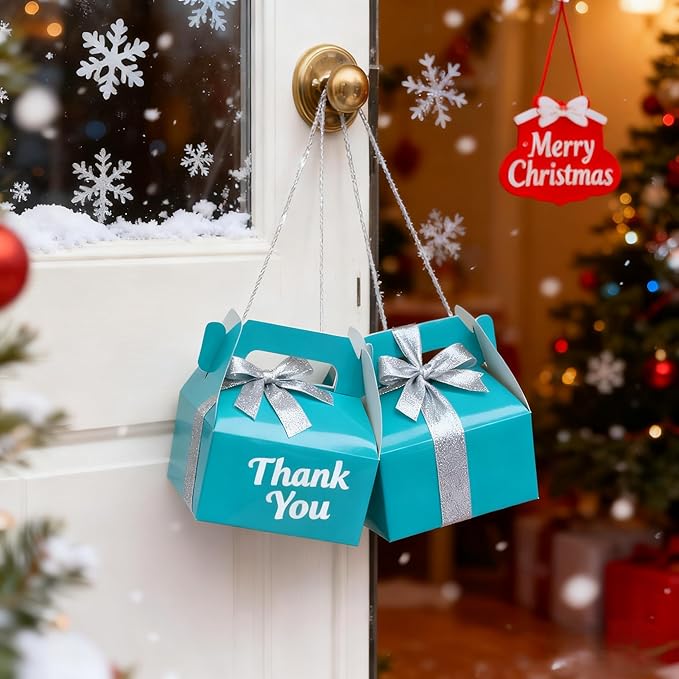 XAGLVV 24 Pack Shiny Teal Paper Gable Boxes,6.2 Inch Candy Boxes with Handle, Snack Party Favor& Gift Cookie bags for kids Birthday,Wedding, Baby Shower, Graduation.