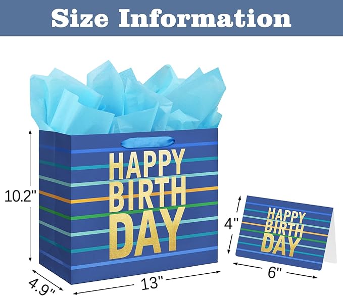 13" Large Blue Gift Bag with Tissue Paper, Card and Handles for Men's Birthday, Kids' or Baby Boy (Stripe) (Large Blue)
