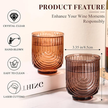 Venus Vintage Drinking Glasses Set of 6-15oz Hand-Blown Highball Ribbed Glassware, Arch Design Cocktail Glasses for Whiskey Water Beverages Ice Coffee Juice Milk