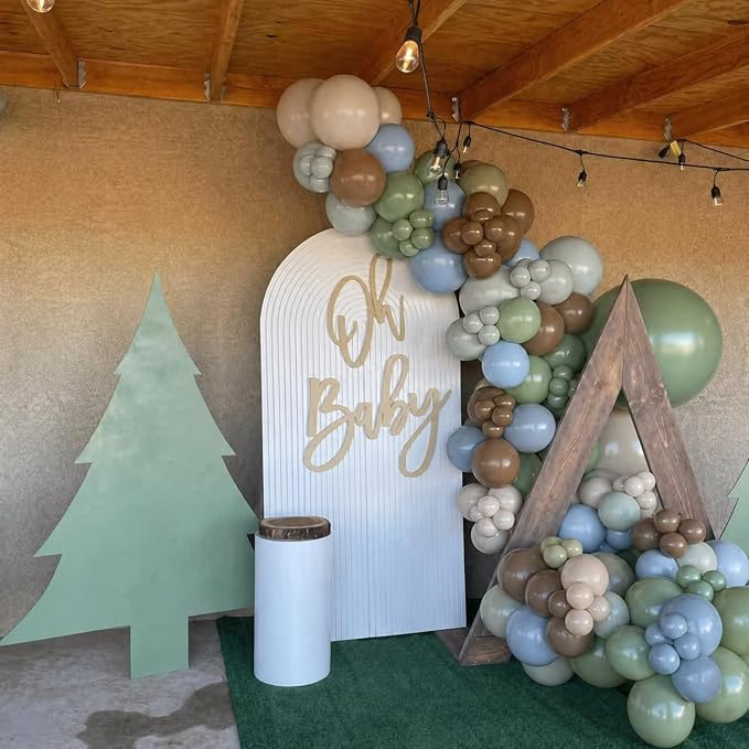 Sage Green Blue Brown Balloons, 60Pcs 12Inch Brown Nude Sage Green Olive Green Blue Sand White Balloon for Safari Jungle Woodland Wedding Baby Shower Birthday Party Decorations