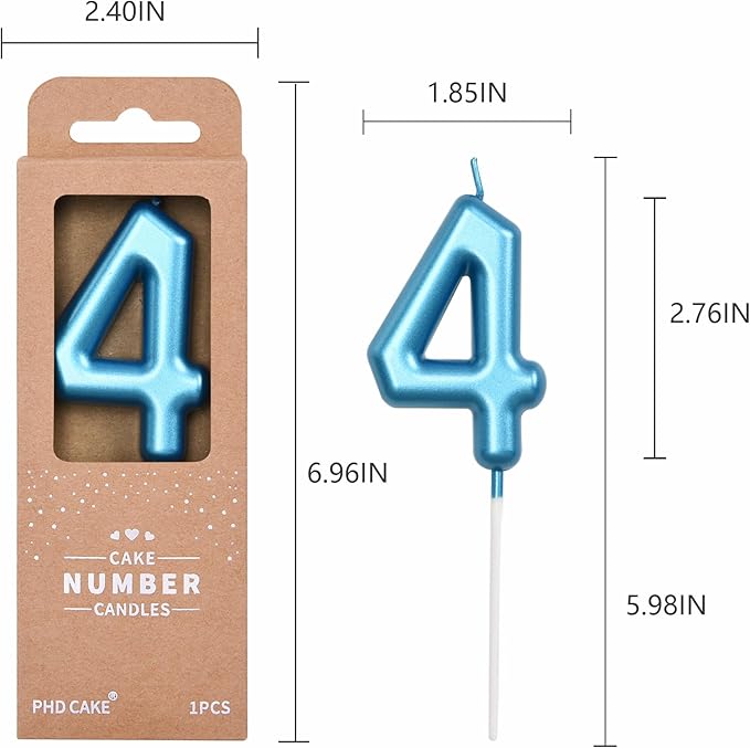 PHD CAKE 2.76 inch Classical Blue 4 Number Birthday Candles, Blue Number Candles, Cake Number Candles, Party Celebration