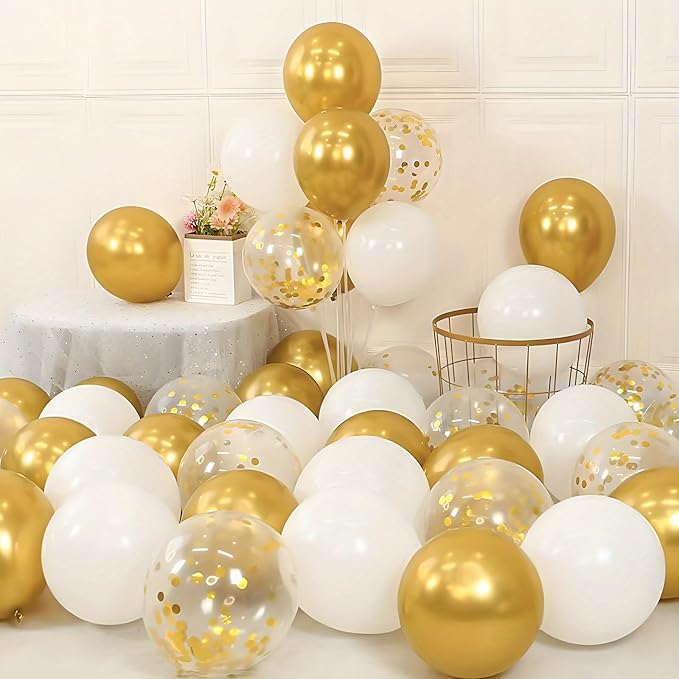 Netnology Gold and White Balloons Set, 60Pcs 12 Inch White Metallic Gold and Gold Confetti Latex Balloon for Birthday Baby Shower Bridal Shower Wedding Graduation Party Decorations