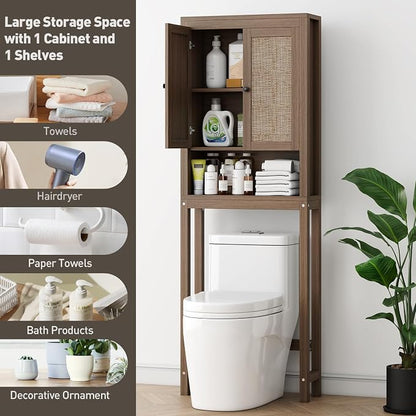 knoworld Rattan Over The Toilet Storage Cabinet, Above Toilet Bathroom Organizer with Adjustable Shelf, Behind Toilet Cabinet, Space Saver for Restroom, Bathroom, Laundry, Caramel Oak
