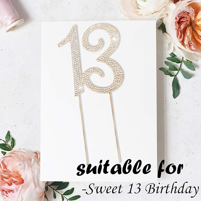 Bling Crystal Rhinestone 13 Birthday Cake Topper - Best Keepsake | 13th Party Decorations Gold