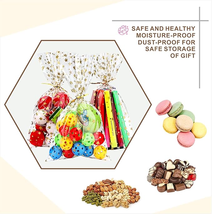 100 Pcs 7 x 12 Inch Clear Cellophane Treat Bags with 100 Gold Twist Ties, Gold Star Printed Heat Sealable Candy Bags for Cookies, Chocolate, Bakery, Party Favors, Gift Wrapping