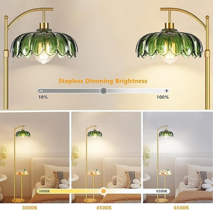 QIYIZM Glass Floor Lamp with Table and Shelves for Living Room Bedroom,Gold Standing Lamp with Remote Dimmable,Boho Brass Tall Lamp Vintage Farmhouse Arc Green Flower Floor Light Bohemian