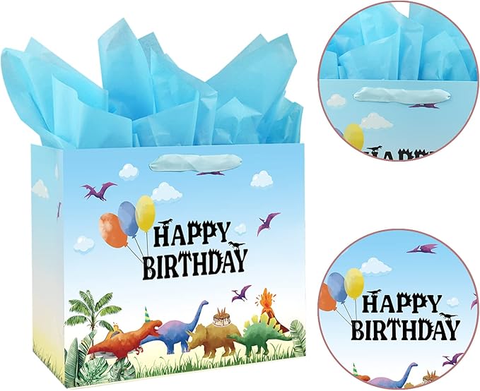 13" Large Watercolor Dinosaur Birthday Gift Bag for Boy Kids with Card and Tissue Papers (13" Blue)