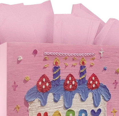 Ziletafei 9" Gift Bag with Tissue Paper, Happy Birthday Candle Cake Design for Girls Women, Pink Medium Size Party Favor Bags