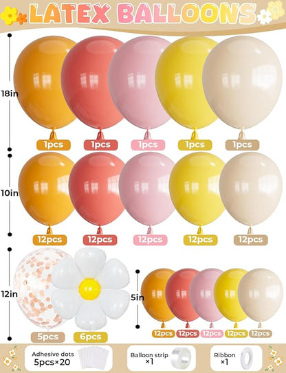 Boho Daisy Balloon Arch Garland Kit, 136Pcs Groovy Balloons Set with Pink Yellow Orange Nude Balloon, Daisy Flower Balloons for Two Groovy Birthday Baby Shower Wedding Party Decorations