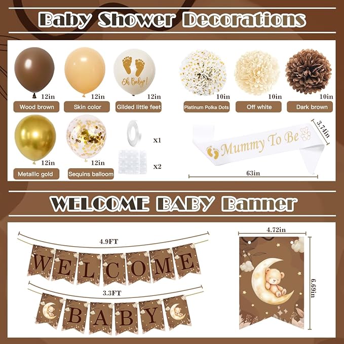 Baby Shower Decorations Set, Teddy Bear Brown White Gold Party Supplies with Balloons, Welcome Baby Banner, Paper Flowers, Gender Reveal We Can Bearly Wait Party Decoration for Boy Girl