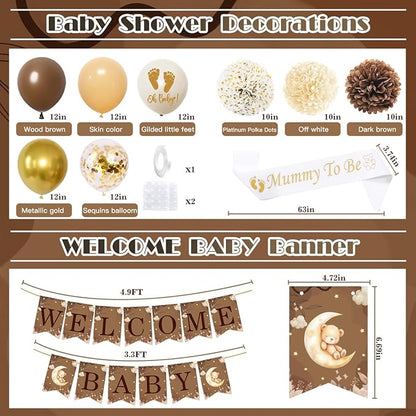 Baby Shower Decorations Set, Teddy Bear Brown White Gold Party Supplies with Balloons, Welcome Baby Banner, Paper Flowers, Gender Reveal We Can Bearly Wait Party Decoration for Boy Girl