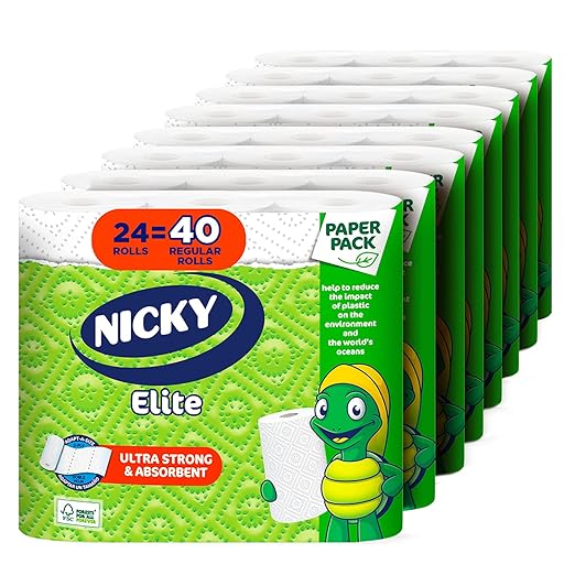 Nicky Elite Adapt-A-Size Paper Towels 24 Large Rolls= 40 Regular Rolls Plastic Free Packaging Paper Wrap Ultra Strong and Absorbent