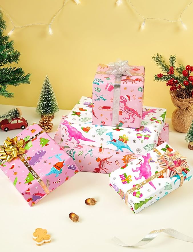 WERNNSAI Dinosaur Gift Wrapping Paper Rolls - 3 Rolls 17” x 120” Dino Kids Birthday Wrapping Paper Medium Roll Set Girl Pink Wrap Paper Happy Birthday Party Supply