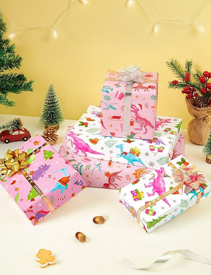 WERNNSAI Dinosaur Gift Wrapping Paper Rolls - 3 Rolls 17” x 120” Dino Kids Birthday Wrapping Paper Medium Roll Set Girl Pink Wrap Paper Happy Birthday Party Supply