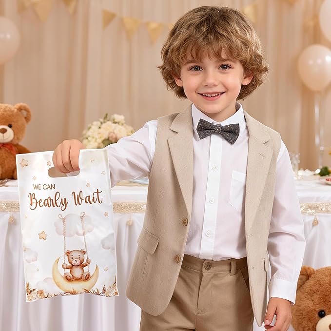 50 Pcs Cute Bear Party Favor Bags with Handles - Plastic Treat Bags for Candy & Small Gifts, Bulk Supplies for Wedding Baby Shower Goodie Bags, Holiday Gift Bags for Thanksgiving Halloween Christmas New Years, Birthday Party Decorations