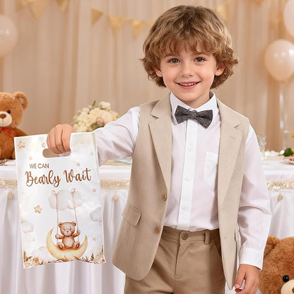 50 Pcs Cute Bear Party Favor Bags with Handles - Plastic Treat Bags for Candy & Small Gifts, Bulk Supplies for Wedding Baby Shower Goodie Bags, Holiday Gift Bags for Thanksgiving Halloween Christmas New Years, Birthday Party Decorations