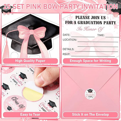 Marspark 25 Set Coquette Pink Bow Graduation Party Invitations Cards with Envelopes and Stickers Graduation Cap Shaped for College High School Grad Celebration Party Supplies, 5 x 6 Inch
