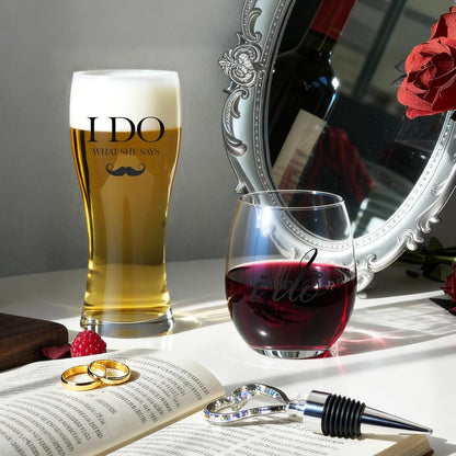AW BRIDAL Engagement Gifts for Couples 2025, Mr Mrs Wine Glasses and Beer Mug Set, Newlywed Gift for the Couple, Bride and Groom Glasses for Wedding Bridal Shower, Bride to Be Gifts with Wine Stopper