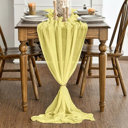 Artoid Mode Boho Light Yellow Gauze Wedding Table Runner, 160 Inch Seasonal Fabric Kitchen Dining Holiday Table Decor for Home Party Indoor