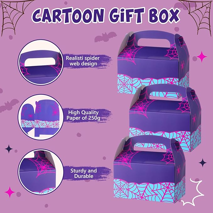 Marspark 24 Pack Purple Spider Web Cartoon Birthday Party Supplies, Paper Gift Boxes, Cartoon Candy Treat Boxes for Birthday Party Decorations(Purple Spider Pattern)
