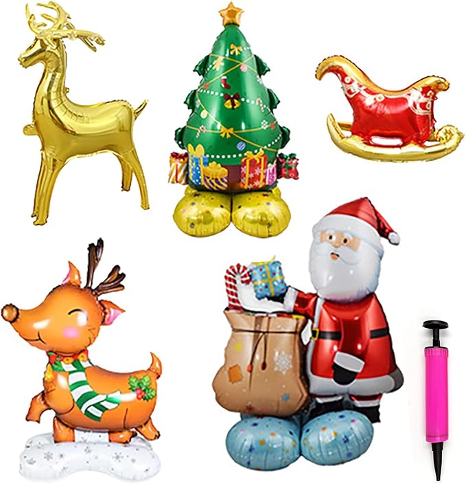 5Pack Merry Christmas Party Decorations Balloons - Christmas Party Supplies with Santa Claus, Snowman, Elk, Christmas Tree Balloon for Festive Holiday Celebrations With Pump