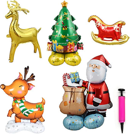 5Pack Merry Christmas Party Decorations Balloons - Christmas Party Supplies with Santa Claus, Snowman, Elk, Christmas Tree Balloon for Festive Holiday Celebrations With Pump