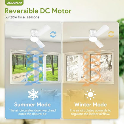 2 Pack 42" White Ceiling Fans with Lights and Remote, Low Profile Ceiling Fan with Light, Reversible DC Motors, 3CCT Dimmable Timer Noiseless, Flush Mount Ceiling Fan for Bedroom/Living Room