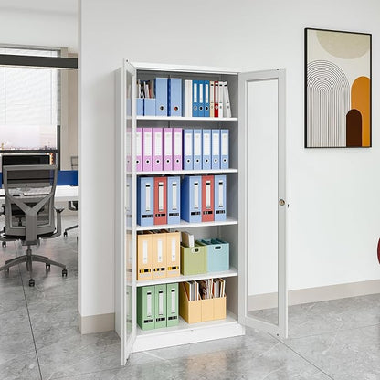 Glass Display Cabinet With Doors, 4 Adjustable Shelves