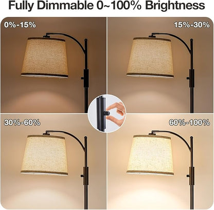 AIDENOEY Fully Dimmable Floor Lamp for Living Room，Standing Lamp Rotary Switch with Linen Beige Shade，Brown Tall Lamps for Bedroom with Adjust Head，9W LED Bulb Included