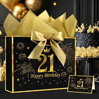 JMANNI Black Gold 21st Birthday Gift Bag with Card and Tissue Paper, 12.6"×9.84"×3.9" Elegant Present Bag for Adults, 21 Year Old Birthday Keepsake Party Supplies