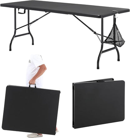 VECELO 6 FT Thick Top Picnic Table with Portable Mesh Bag, Folding Table with Strong Side Support, 500lbs Capacity for Outdoor Camping, Party, Dining - Black