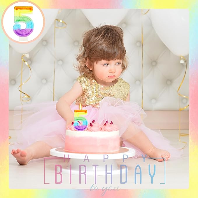 Rainbow Candles for Birthday Cakes, Rainbow Themed Cake Topper Birthday Party Decorations, 5th Number Candle (Number 5)