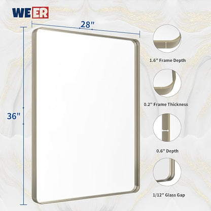 WEER 28X36 Inch Brushed Nickel Bathroom Mirror, Brushed Silver Metal Frame Mirror, Rounded Rectangle Silver Bathroom Vanity Mirror, Tempered Glass, Anti-Rust, Hangs Horizontally or Vertically