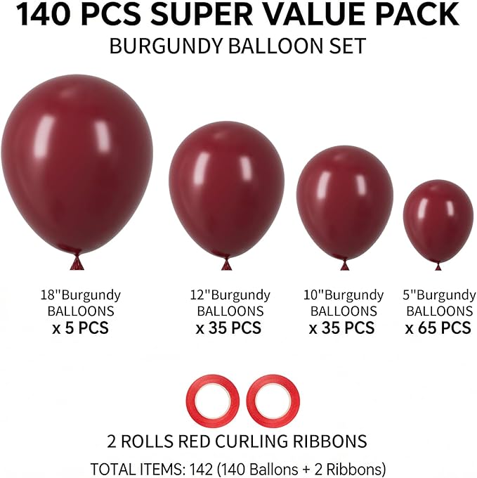 140pcs Burgundy Balloon Garland Arch Kit, 18/12/10/5 Inch Dark Red Maroon Balloons for Mother's Day, Graduation 2026, Wedding, Baby Shower, Birthday Party Decorations
