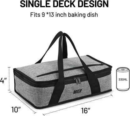 MIER Insulated Casserole Carrier for Hot or Cold Food Thermal Food Carrier Bag for Lasagna Potluck Parties Picnic Cookouts, Fits 9"x13" Baking Dish/Foil Pan, Gray