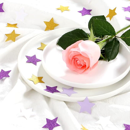White Purple-Gold Party-Decorations Star Confetti - 300pcs Glitter Graduation 2025 Paper Table Confetti Woman Girl Birthday Party Decoration Bridal Baby Shower Wedding Decor Lasting Surprise